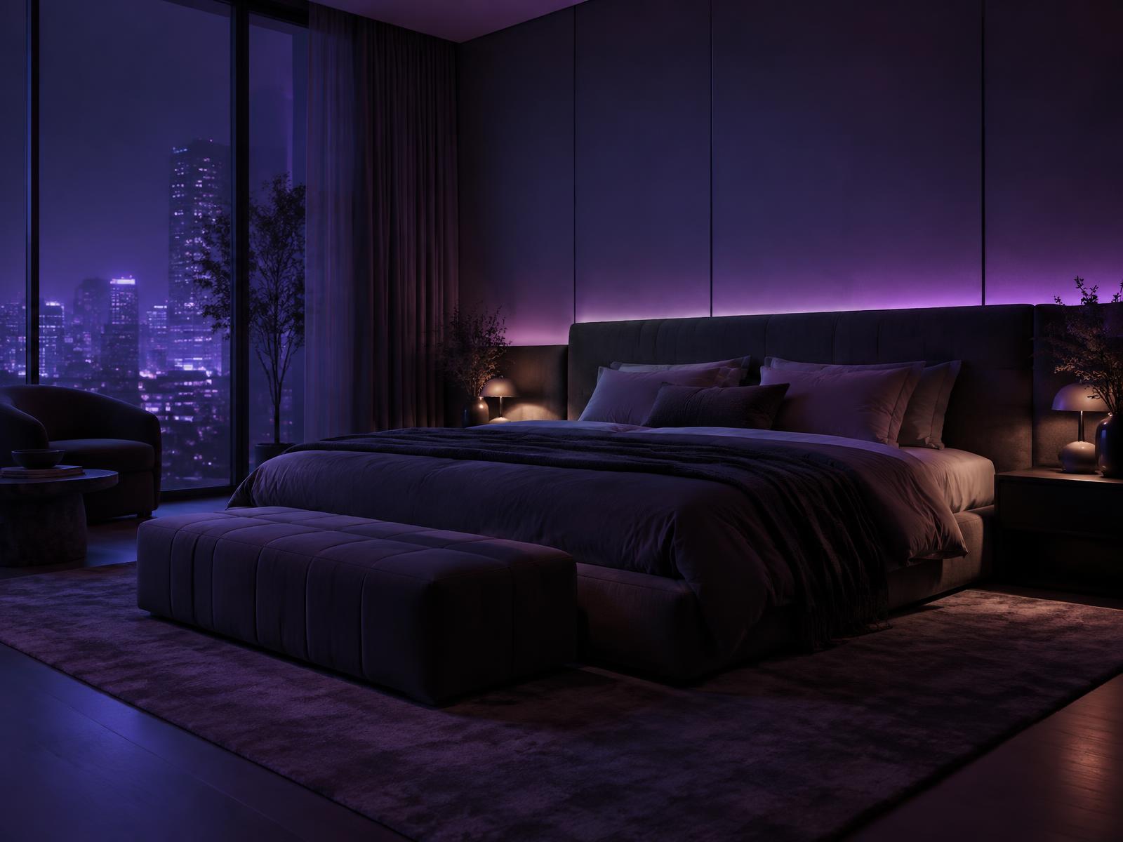 Modern bedroom at night lit by ambient violet NOVA lighting
