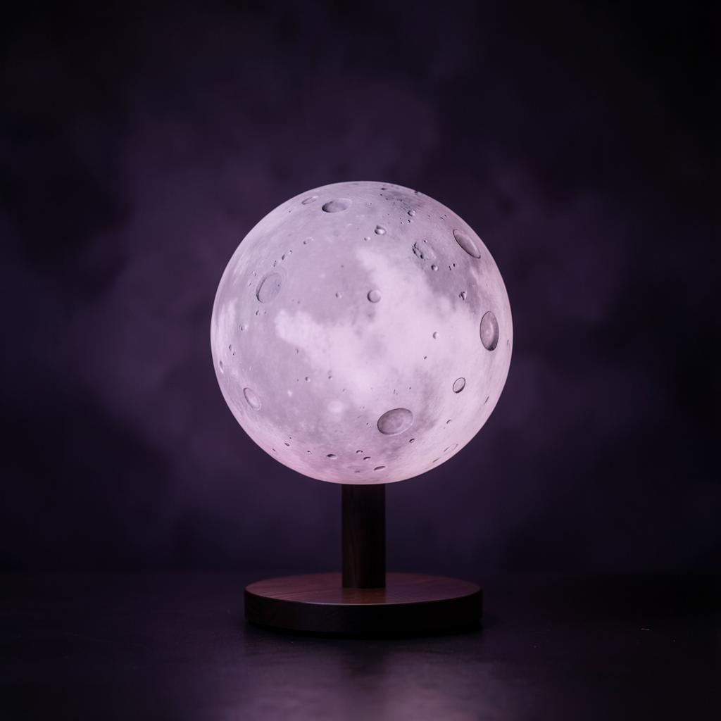 NOVA Moon Lamp in Warm white — Cratered light on a wooden stand