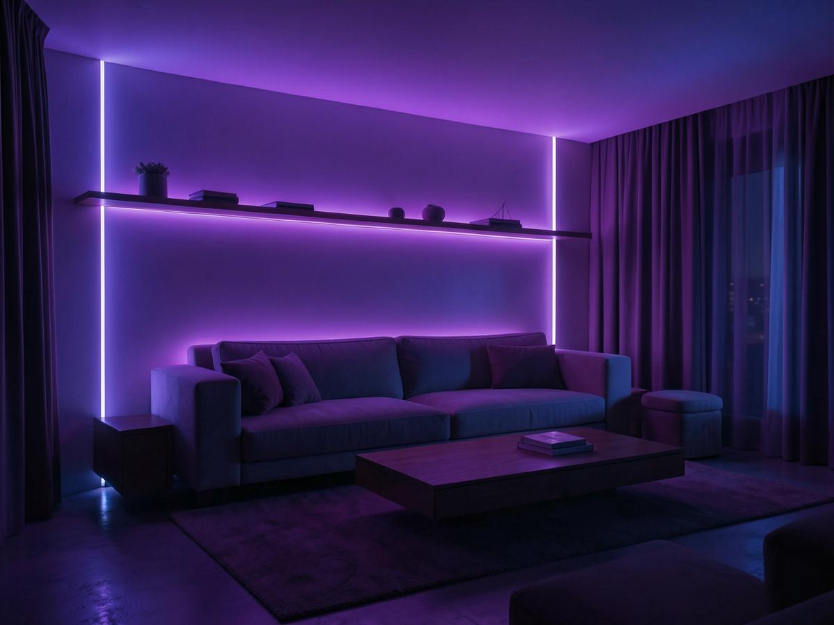 The same living room lit with NOVA ambient violet lighting